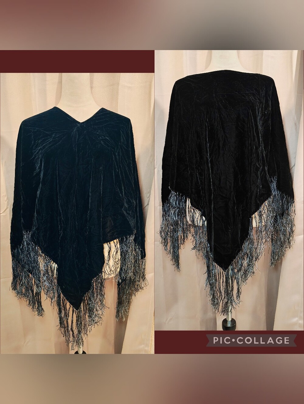 🖤 VINTAGE WHIMSIGOTH WITCHY CRINKLED CRUSHED VELVET FRINGED PONCHO 🖤